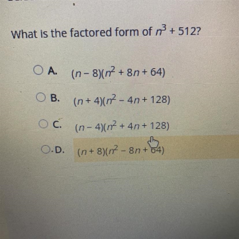 What is the factored form of n^3+512 (please answer) picture provided-example-1