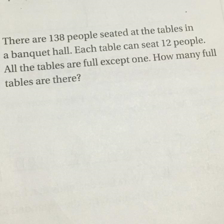 There are 138 people seater at the tables in a banquet hall. Each table can seat 12 people-example-1