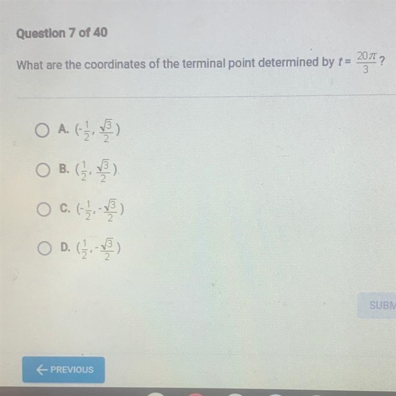 What are the coordinates of the terminal point determined by T=20pi/3-example-1