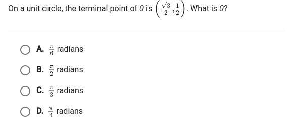 On a unit Circle, the terminal point of 0 is (sqrt3/2, 1/2) what is 0?-example-1