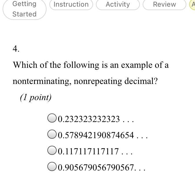 Which of the following is an example of a non-repeating, non-terminating decimal ￼￼-example-1