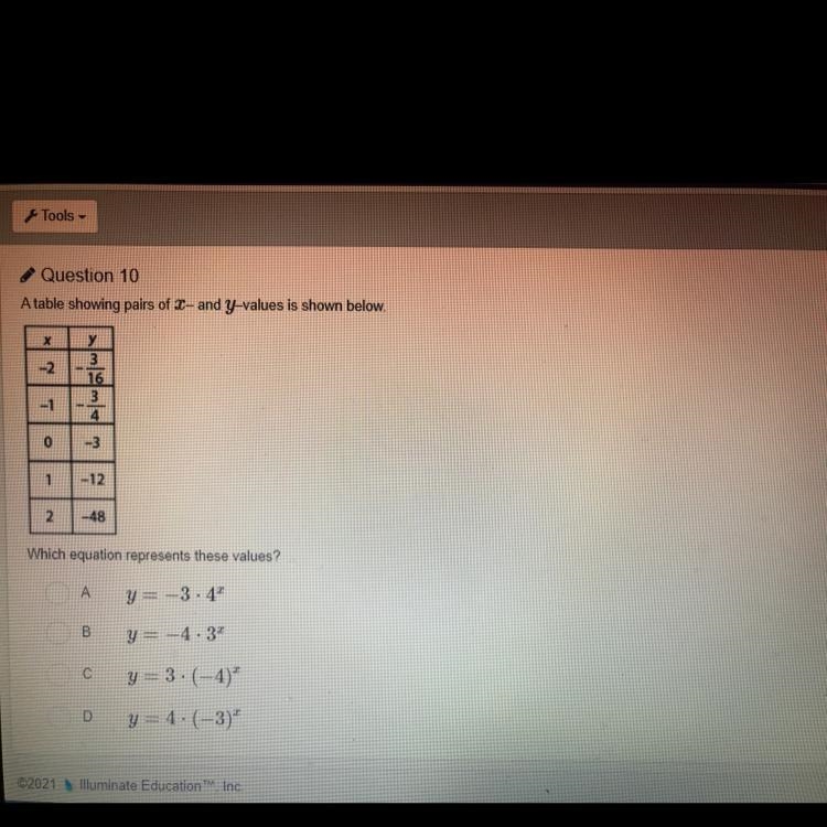 Which equation represents these values?-example-1