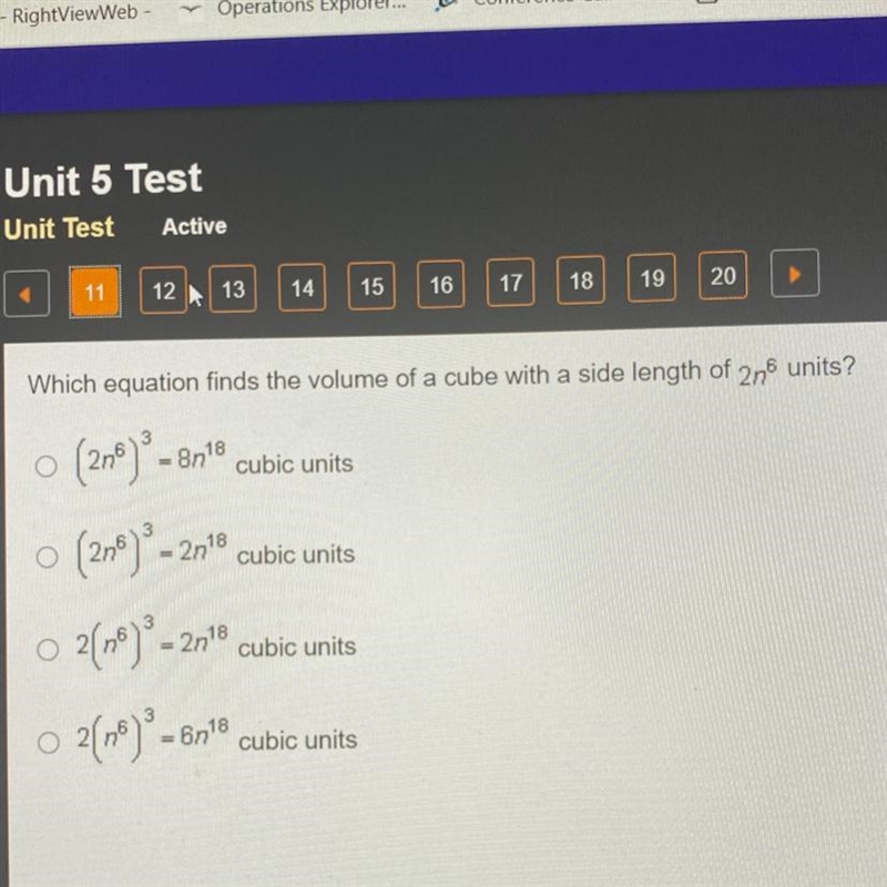 Which equation finds the volume of a cube with a side length of 2n^6 units? a.(2n-example-1