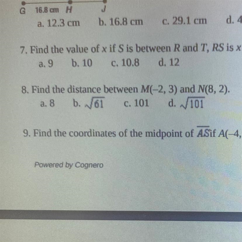 8. Find the distance between M(-2, 3) and N(8,2). number 8 please-example-1