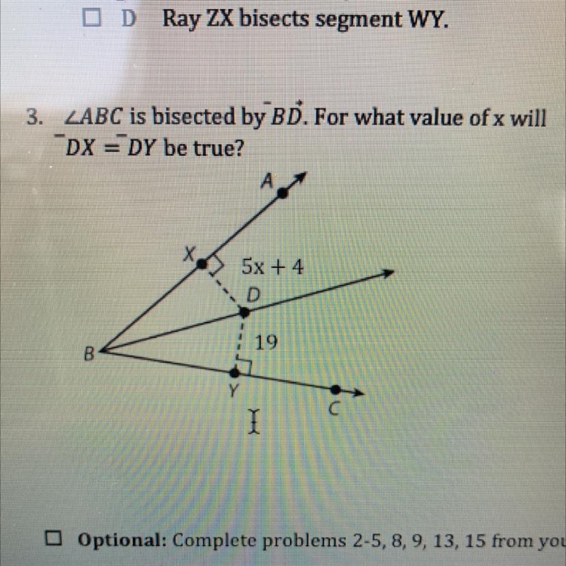 Abc is bisected by bd for what value of x will dx= day be true?-example-1