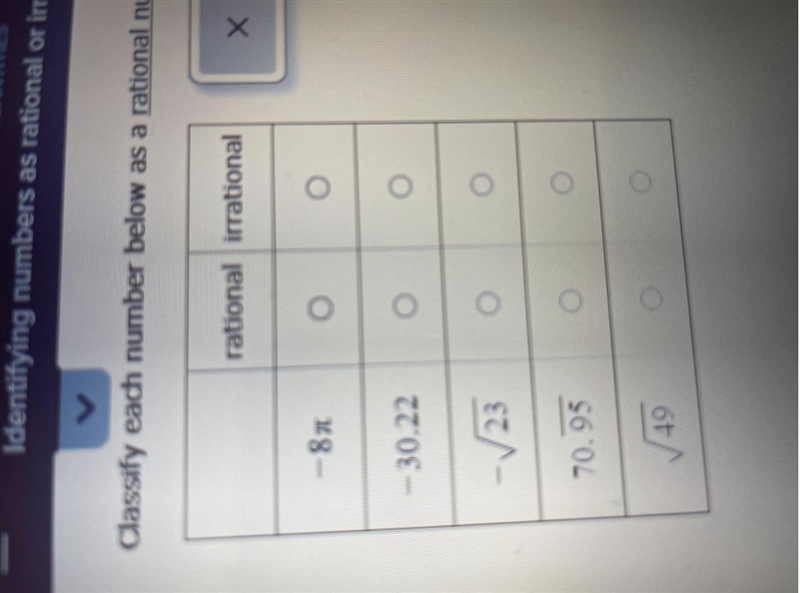 Classify each number below as a rational number or an irrational number.-example-1