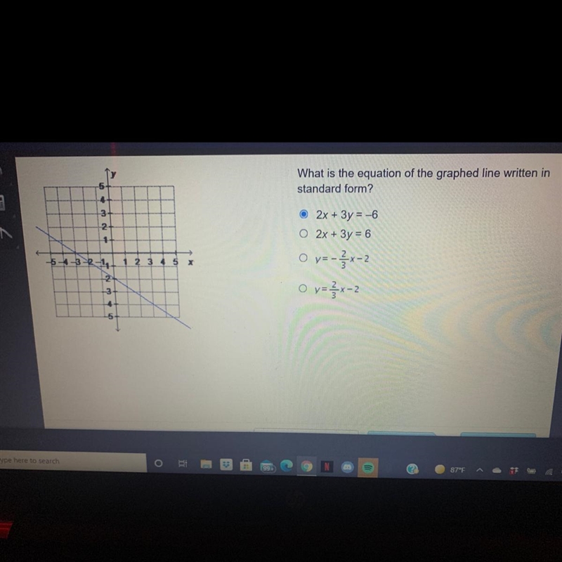 What is the equation of the graphed line written in standard form?-example-1