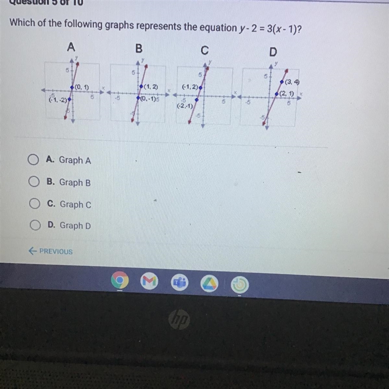 Which of the following graphs represents the equation y-2 = 3(x - 1)?-example-1