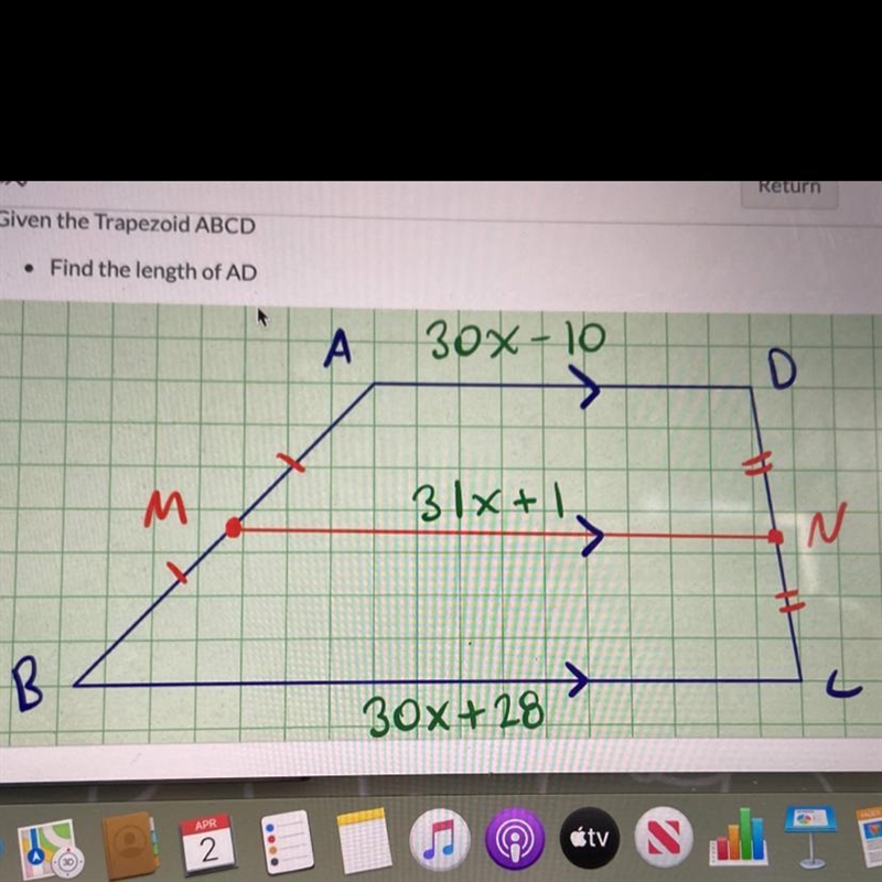 Given the Trapezoid ABCD Find the length of AD Pls helppp-example-1