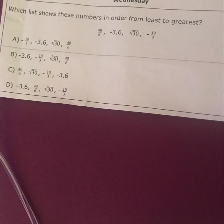 Which list shows numbers in order from least to greatest? please help me-example-1