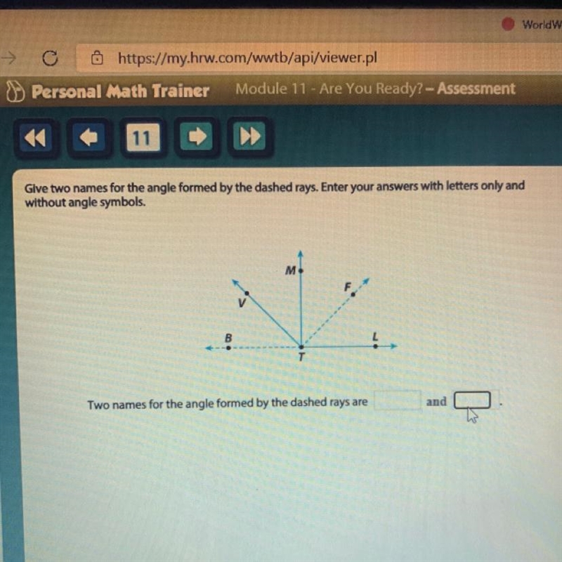 Two names for the angle formed by the dashed rays are? help please-example-1