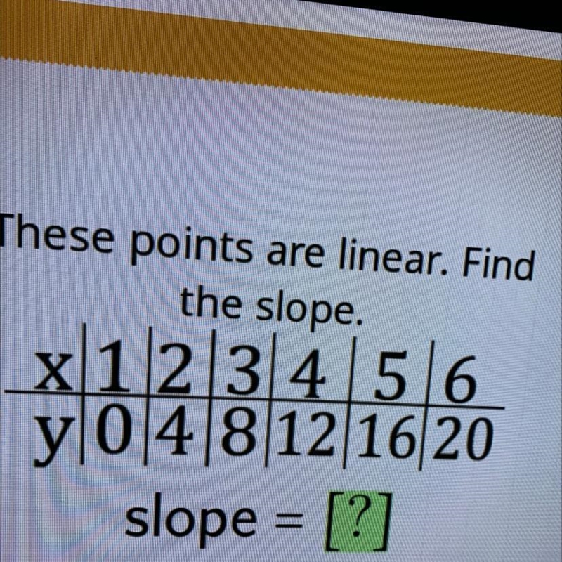 These points are linear. Find the slope. x-3 -2 -1 0 1/2 y-3 -2 -1 0 1 2 slope = [?]-example-1