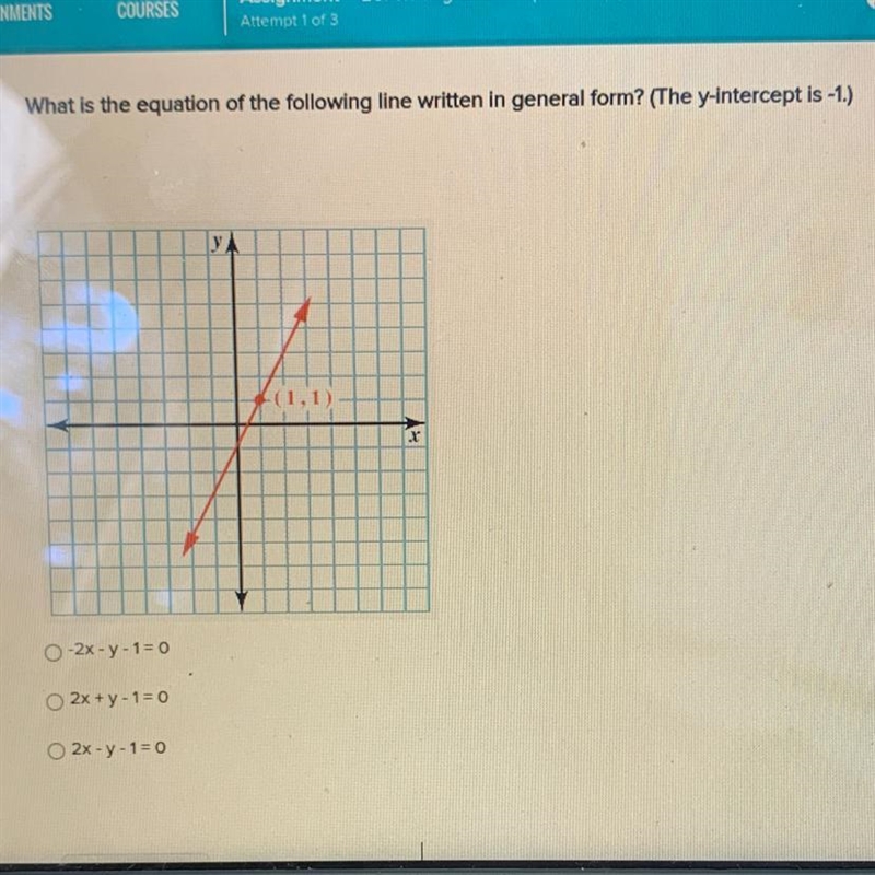 What is the equation of the following line written in general form? (The y-intercept-example-1