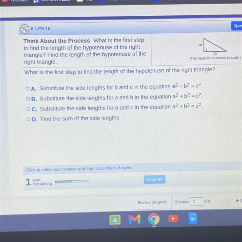 Part b: The length of the hypotenuse is?-example-1