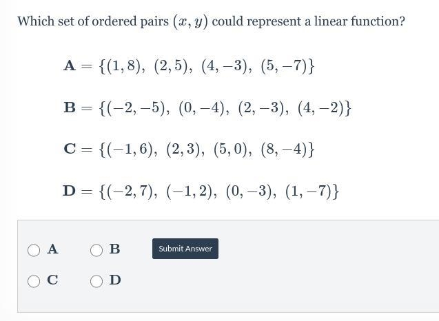 Which set of ordered pairs (x,y)(x,y) could represent a linear function?-example-1