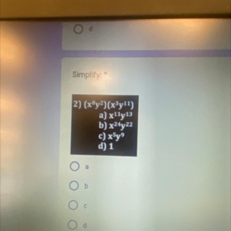 2) (x8y2)(x3y11) a) xlly13 b) x24y22 c) xSy d) 1-example-1