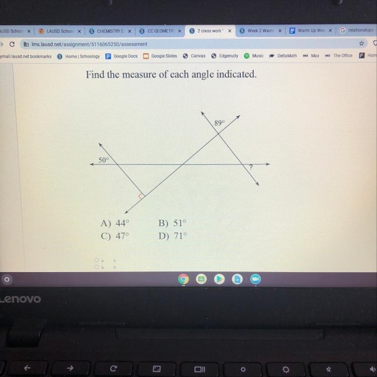 Find the measure of each angle indicated. A) 44° C) 47° B) 51° D) 71°-example-1