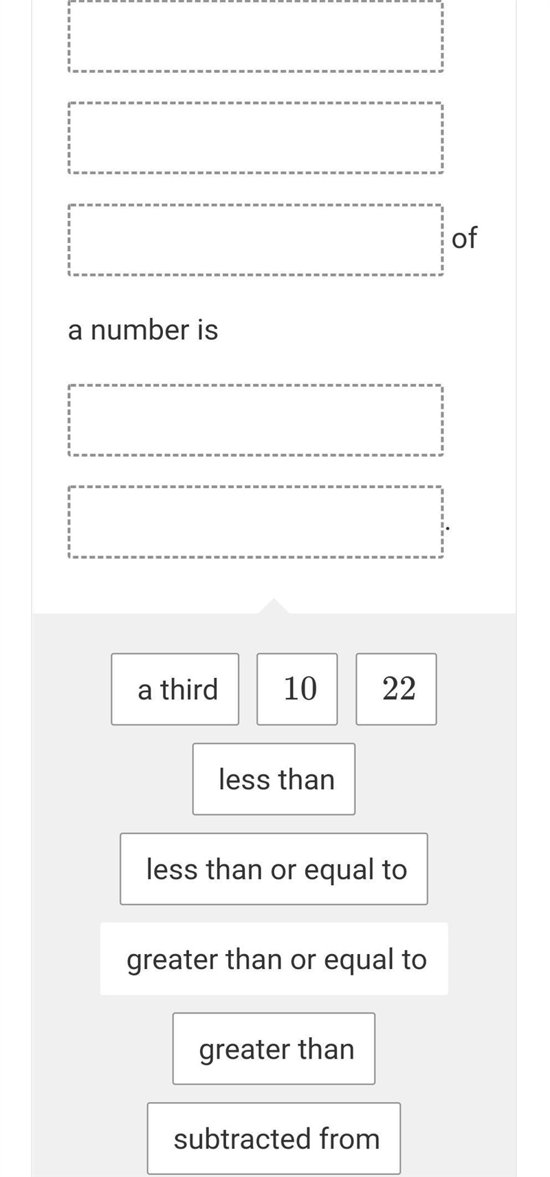 Write the inequality in words 1/3n-10>22​-example-1