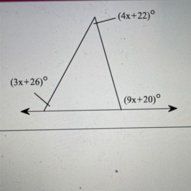 Find the measure of the marked angles 4x+22 is 3x+26 is 9x+20 is-example-1