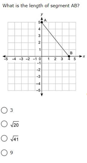 What is the length of segment AB A) 3 B) √(20) C) √(41) D) 9-example-1