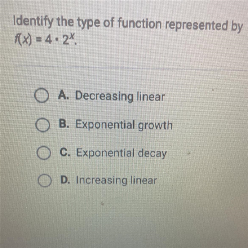 Identify the type of function represented by f(x)=4 x 2^x-example-1