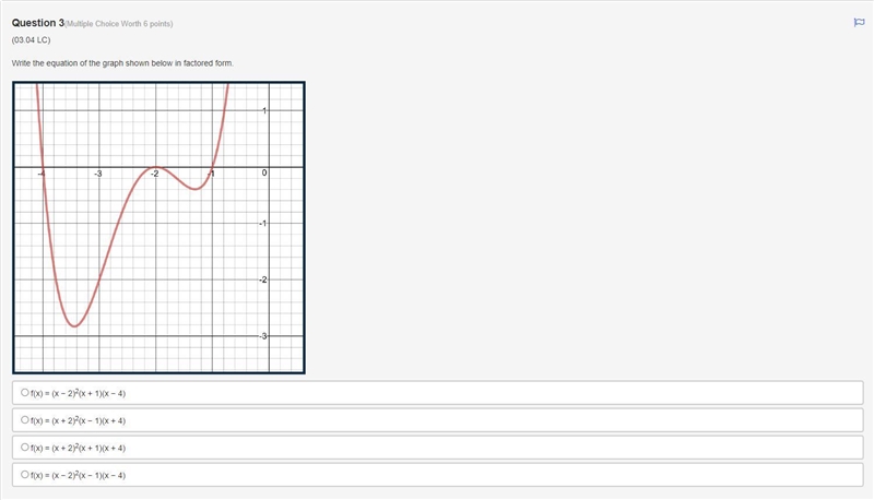 Write the equation of the graph shown below in factored form. f(x) = (x − 2)2(x + 1)(x-example-1