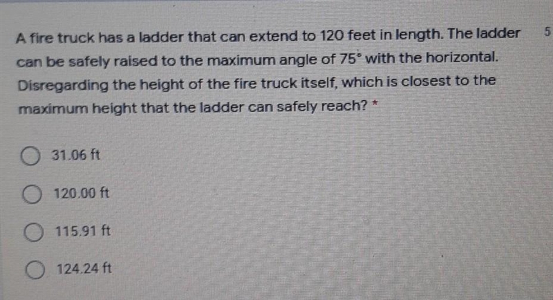 A fire truck has a ladder that can extend to 120 ft in length. The ladder can be safely-example-1