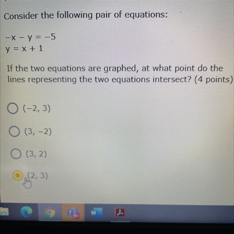 Consider the following pair of equations: -X - y = -5 y = x + 1 If the two equations-example-1