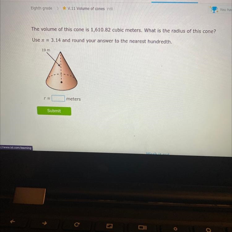 The volume of this cone is 1,610.82 cubic meters. What is the radius of the cone?-example-1