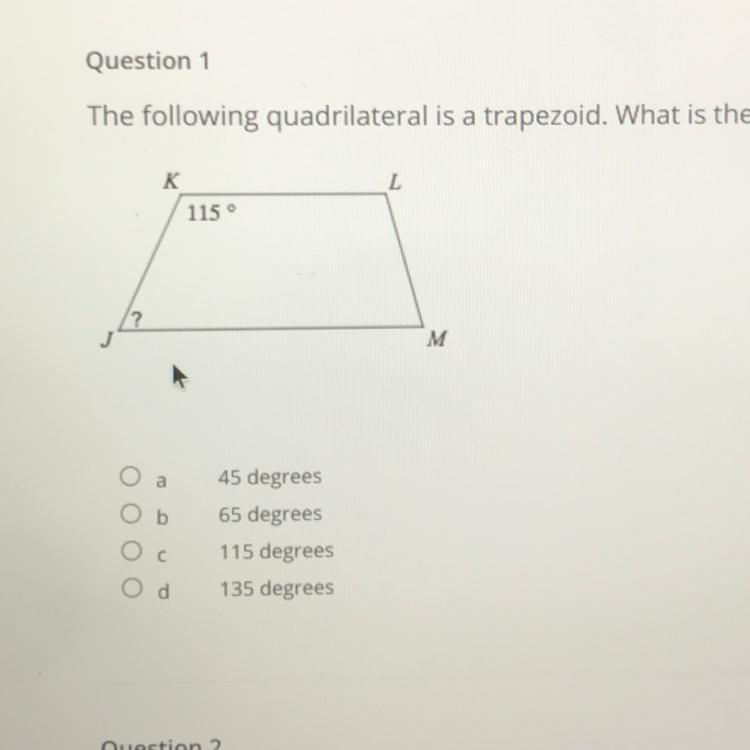 The following quadrilateral is a trapezoid. What is the measurement of the angle J-example-1