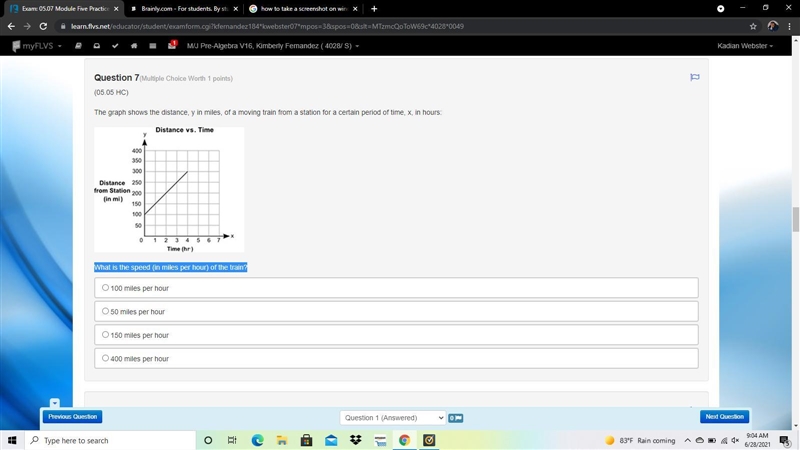 (05.05 HC) The graph shows the distance, y in miles, of a moving train from a station-example-1