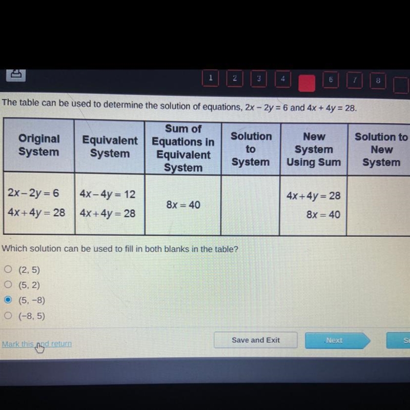 The table can be used to determine the solution of equations, 2x - 2y = 6 and 4x + 4y-example-1