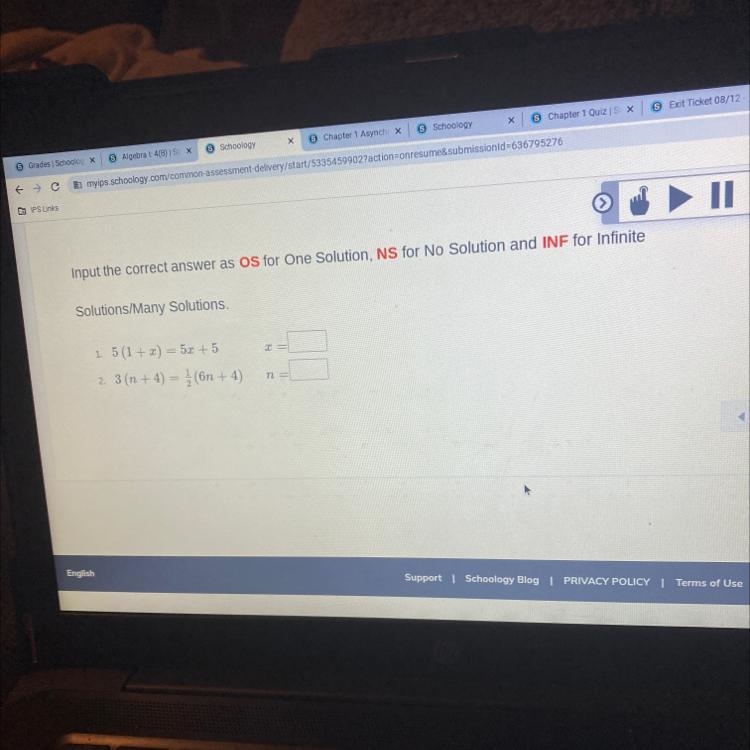 Plz help input the correct Anwser as OS For One Solution, NS for no solution and INF-example-1