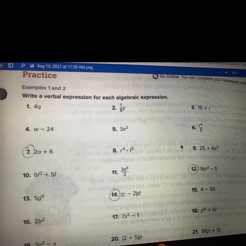 Write a verbal expression for (c-2)d-example-1