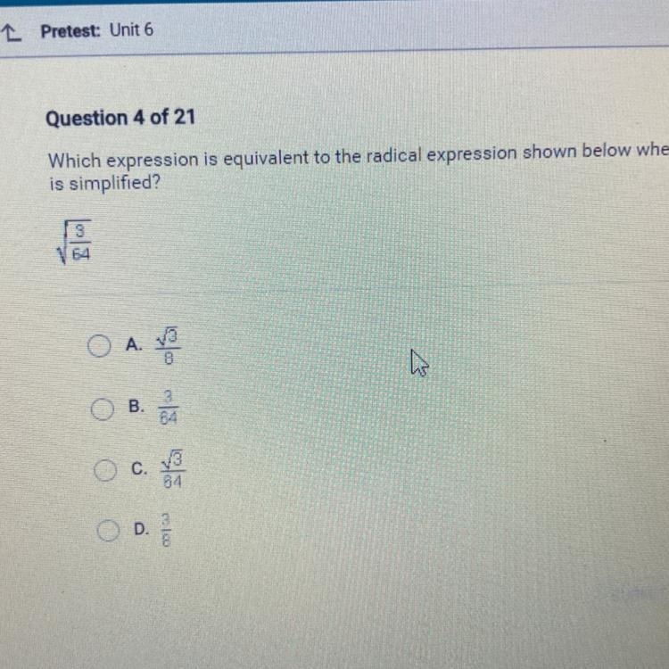 Which expression is equivalent to the radical expression shown below when it is simplified-example-1