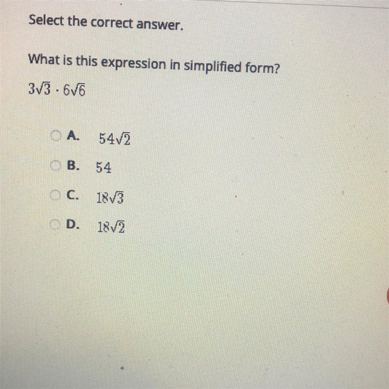 What is this expression in simplified form? 3v3.676 A. 5472 B. 54 C. 18V3 D. 1872-example-1