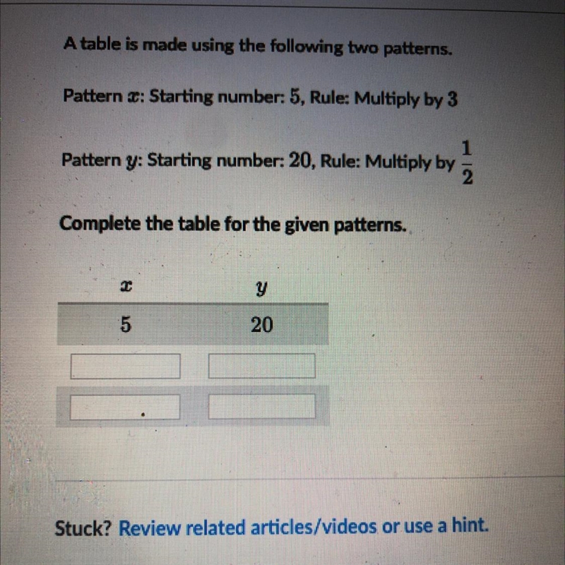 A table is made using the following two patterns. Pattern 2: Starting number: 5, Rule-example-1