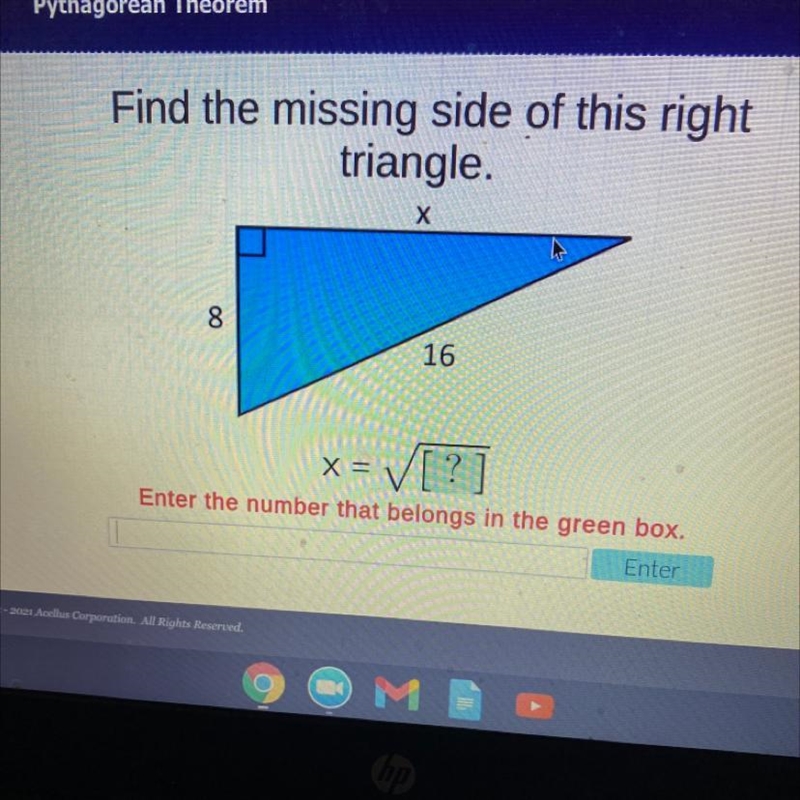 Find the missing side of this right triangle.-example-1