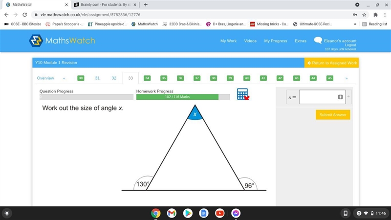 Work out the size of angle x of a triangle-example-1