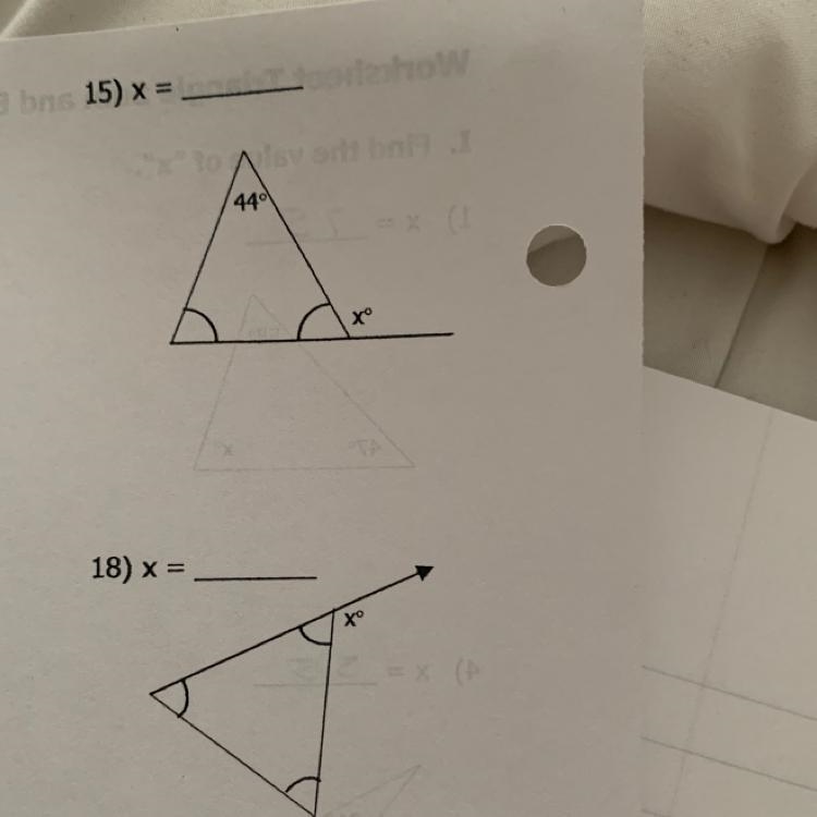 I need help with numbers 15 and 18!!! what does x equal? help asap!!-example-1