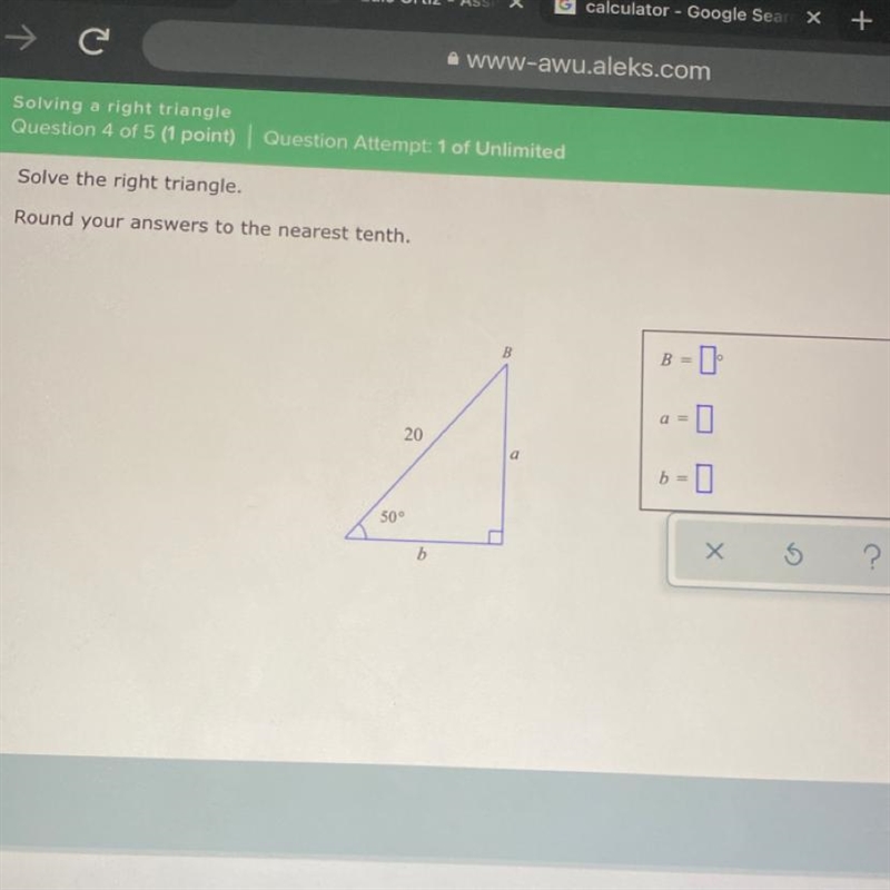 Solve the right triangle. Round your answers to the nearest tenth.-example-1