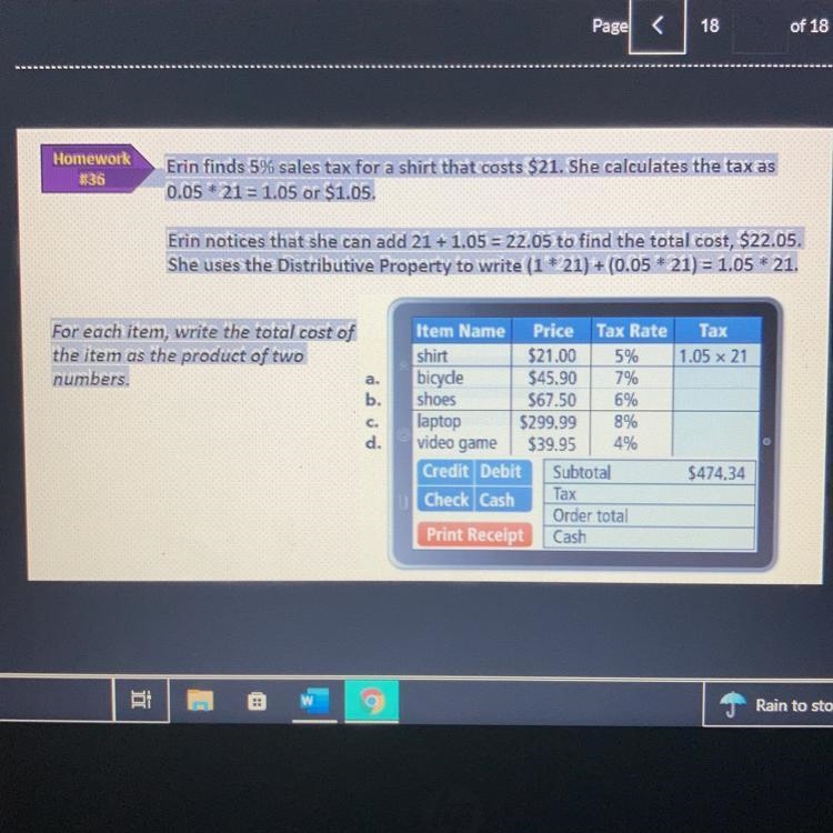 Erin finds 5% sales tax for a shirt that costs $21. She calculates the tax as 0.05 * 21 = 1.05 or-example-1