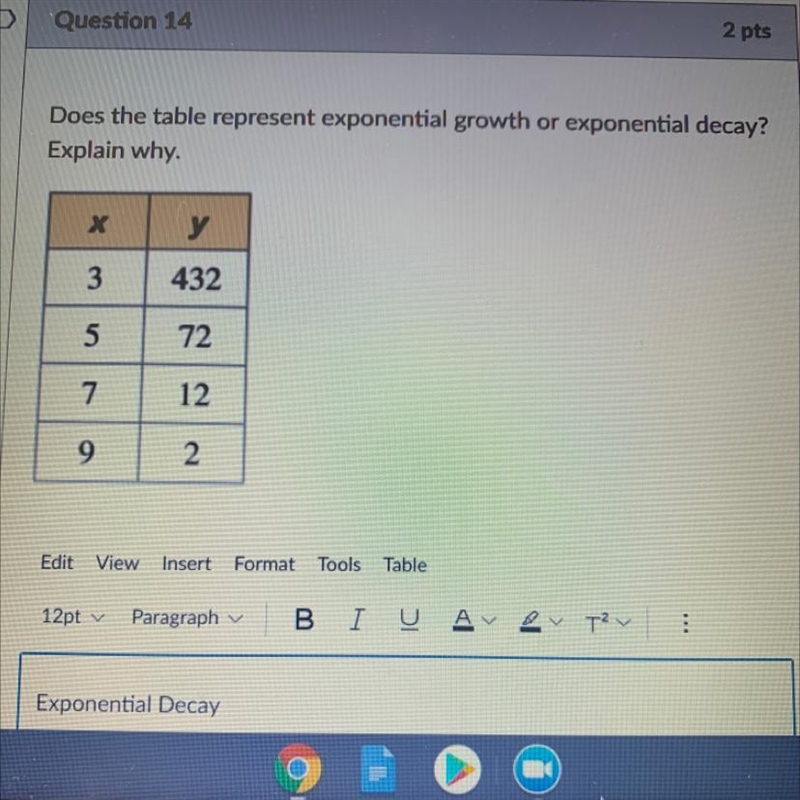 Does the table represent exponential growth or exponential decay? Explain why. х у-example-1