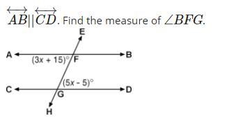 PLEASE HELP PLEASE!!!! AB←→||CD←→ . Find the measure of ∠BFG.-example-1