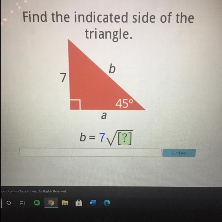 Find the indicated side of the triangle. b = 7 [?]-example-1