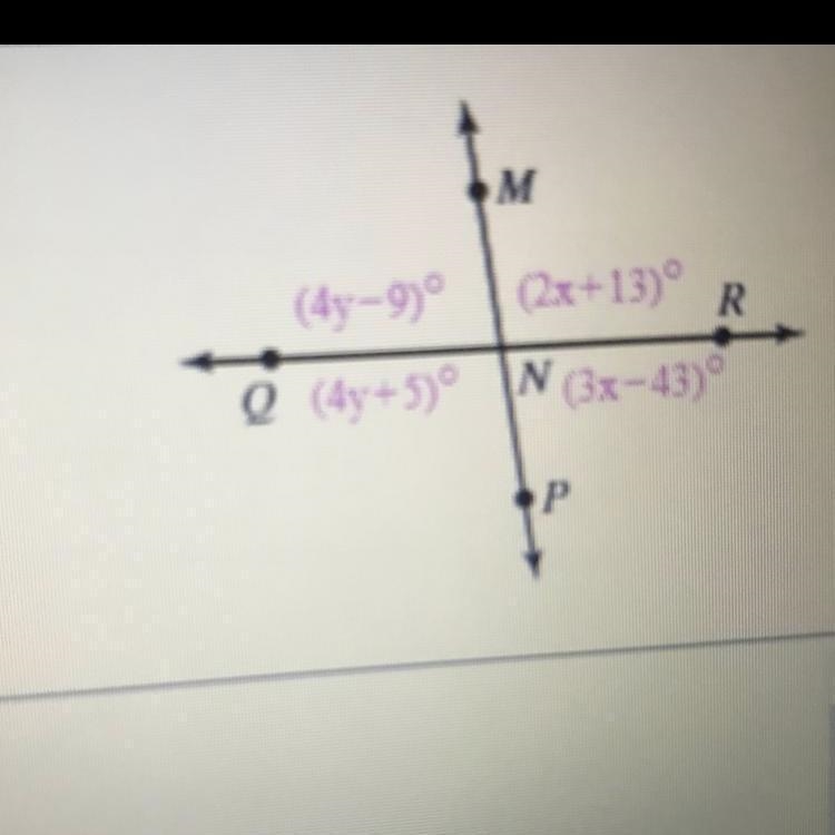 Solve for x and y. Then find the measure of each angle. Solve for x and y Find the-example-1