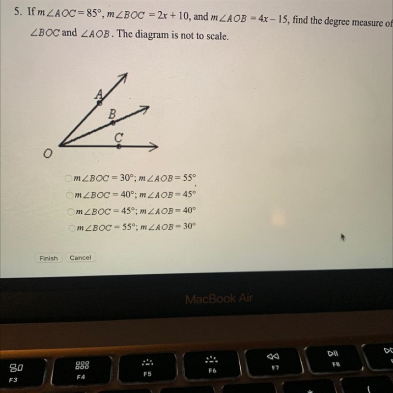 PLEASE HELP If m < AOC = 85°, m ZBOC = 2x + 10, and m < AOB = 4x - 15, find-example-1