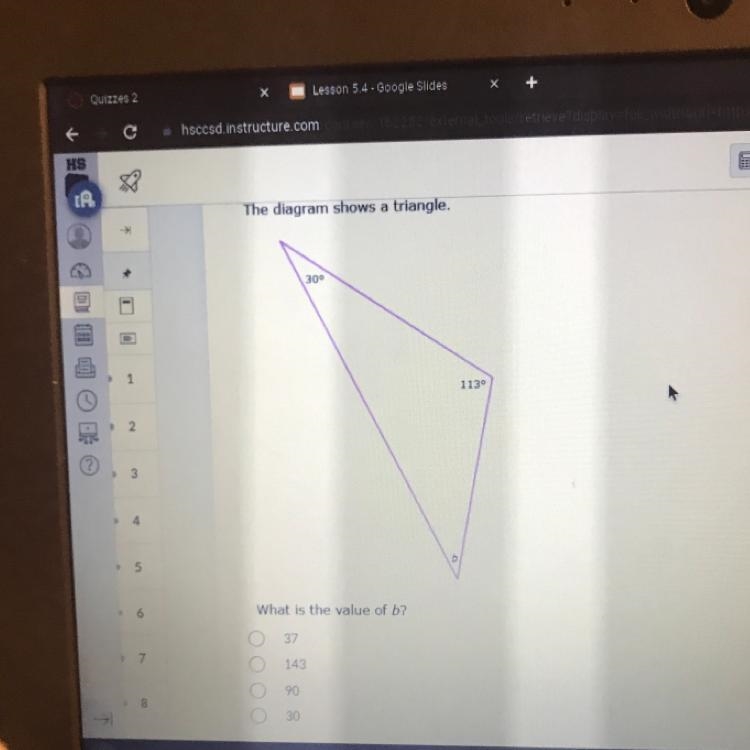 The diagram shows a triangle. What is the value of b? 37 143 90 30-example-1