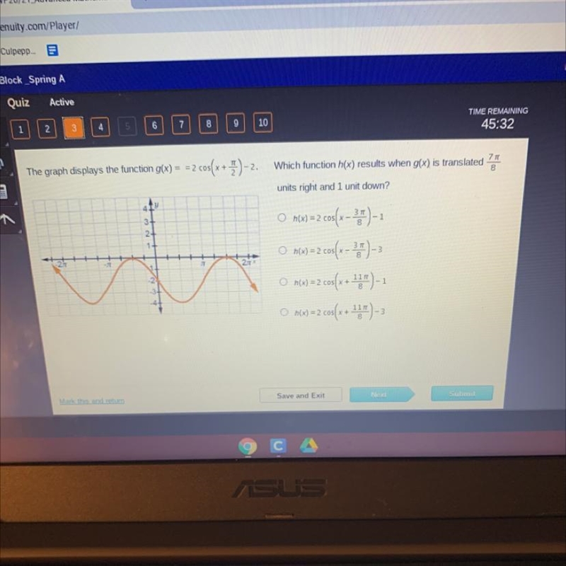 please helpppp which function h(x) results when g(x) is translated 7pi/8 units right-example-1