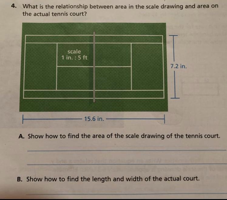 After answering A. and B. show how to find the area of the actual tennis court.-example-1